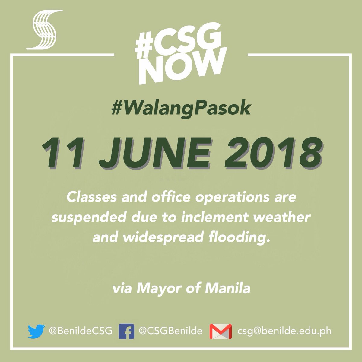 benildecsg's tweet photo. #CSGNow

#WalangPasok

Benildeans, please be advised that classes and office operations are suspended tomorrow, 11 June 2018, due to inclement weather and widespread flooding.

— via Mayor Joseph Estrada https://t.co/sFodZnkjQV