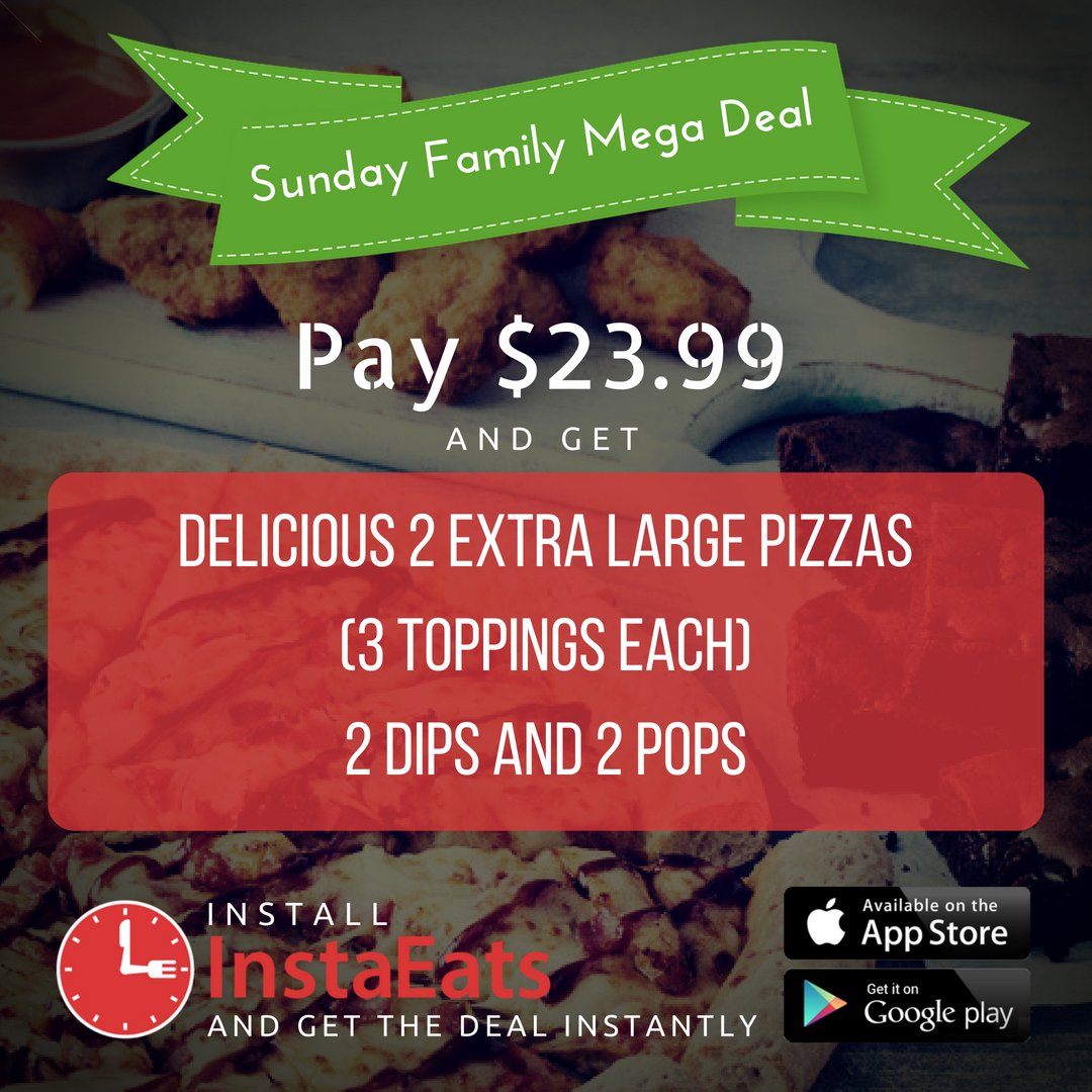 instaeatsapp's tweet photo. Sunday Family Mega Deal. Pay $23.99 and get Delicious 2 Extra Large Pizzas, 3 Toppings Each, 2 Dips and 2 Pops. Install #InstaEats and get the Deal Instantly.
#pizzalover #italianfood #pizzamargherita #pizzatime #campaniafoodblog #pizzascovery #pizzanapoletana #pizzaria https://t.co/weRnQiFoCu
