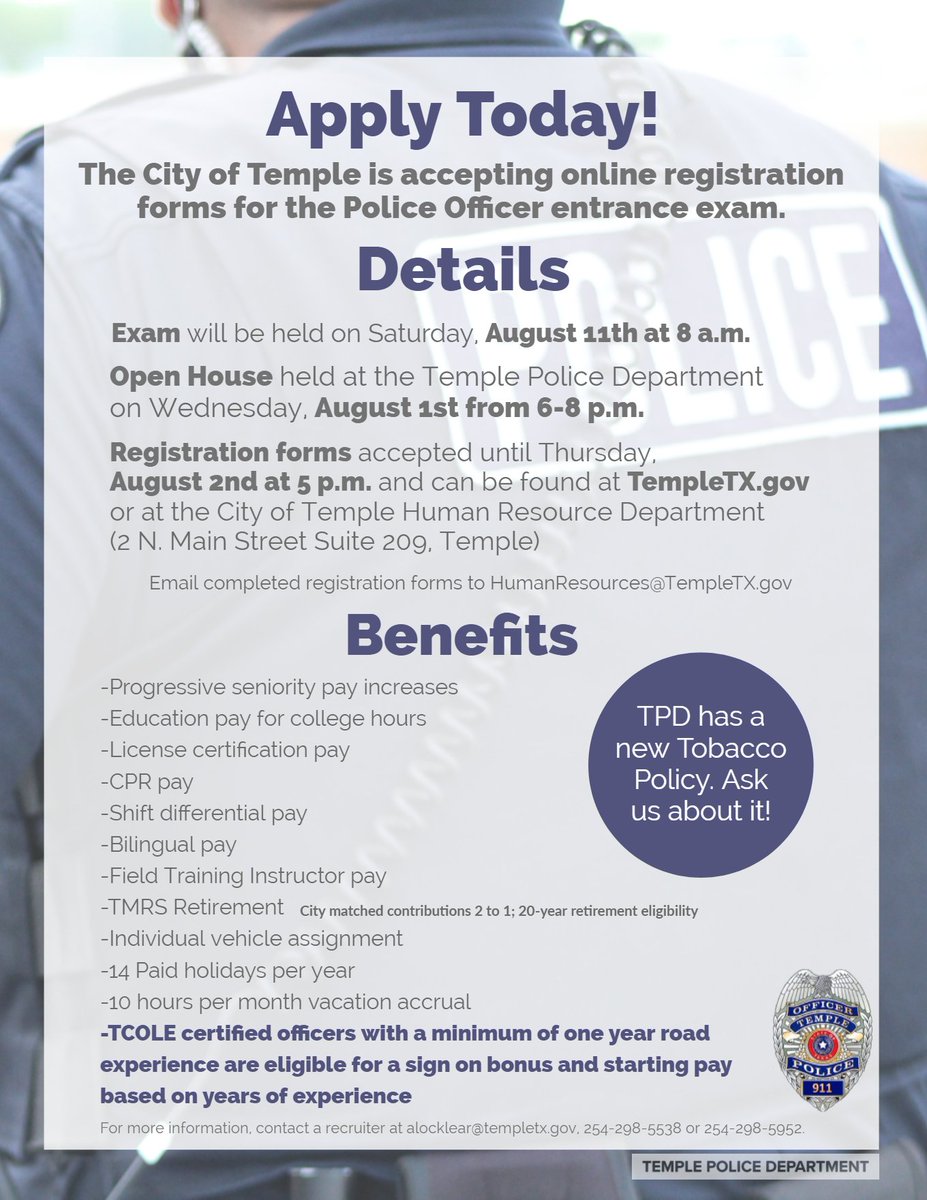 TempleTXPolice's tweet photo. Hey you. Yeah, you. You're the one we want. Apply Today.
#TPDReady https://t.co/KokE7eQaUu