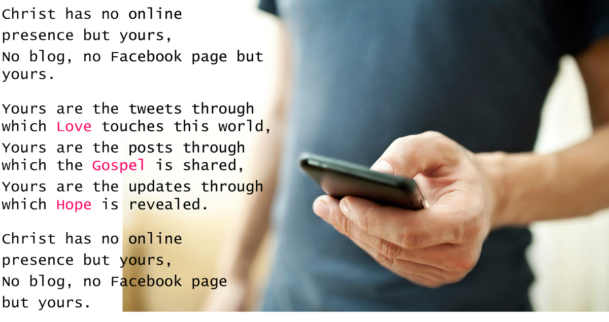 aylshamchurch's tweet photo. Wonderful response to our experimental interactive digital sermon this morning!
"Yours are the #tweets through which #Love touches this world
#Christ has no #online
presence but yours,
No #blog, no #Facebook page
but yours."
#tech @DioceseNorwich #digitalprayer #digitalsermon https://t.co/WUmmhzaEOT