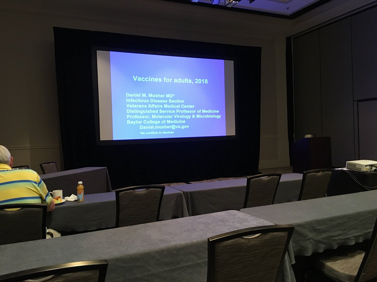 BradCutrellMD's tweet photo. First up ID legend Dr Daniel Musher from Baylor College of Medicine on adult vaccines. #TIDS2018 Such a wealth of ID experts and talent in Texas. @doctorfungus @DrJanPatterson @bwtrautner https://t.co/HgFqa9UNbP