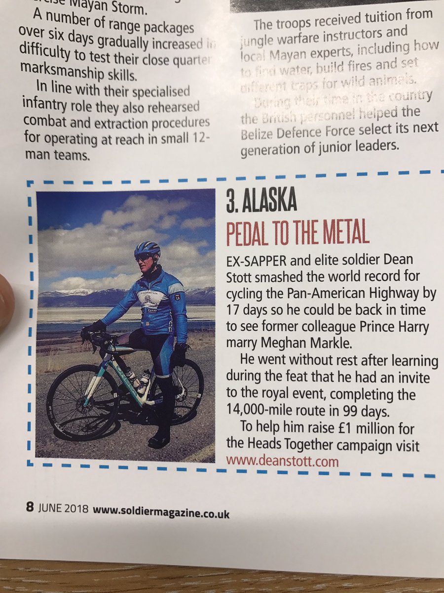 You know you made the news when your on page 8 of @soldiermagazine Well done again @Dean_deanstott on your epic &amp; world record breaking cycle <a href="/pah_2018/">Pan American Highway</a> #SapperPower #Ubique 
deanstott.com
