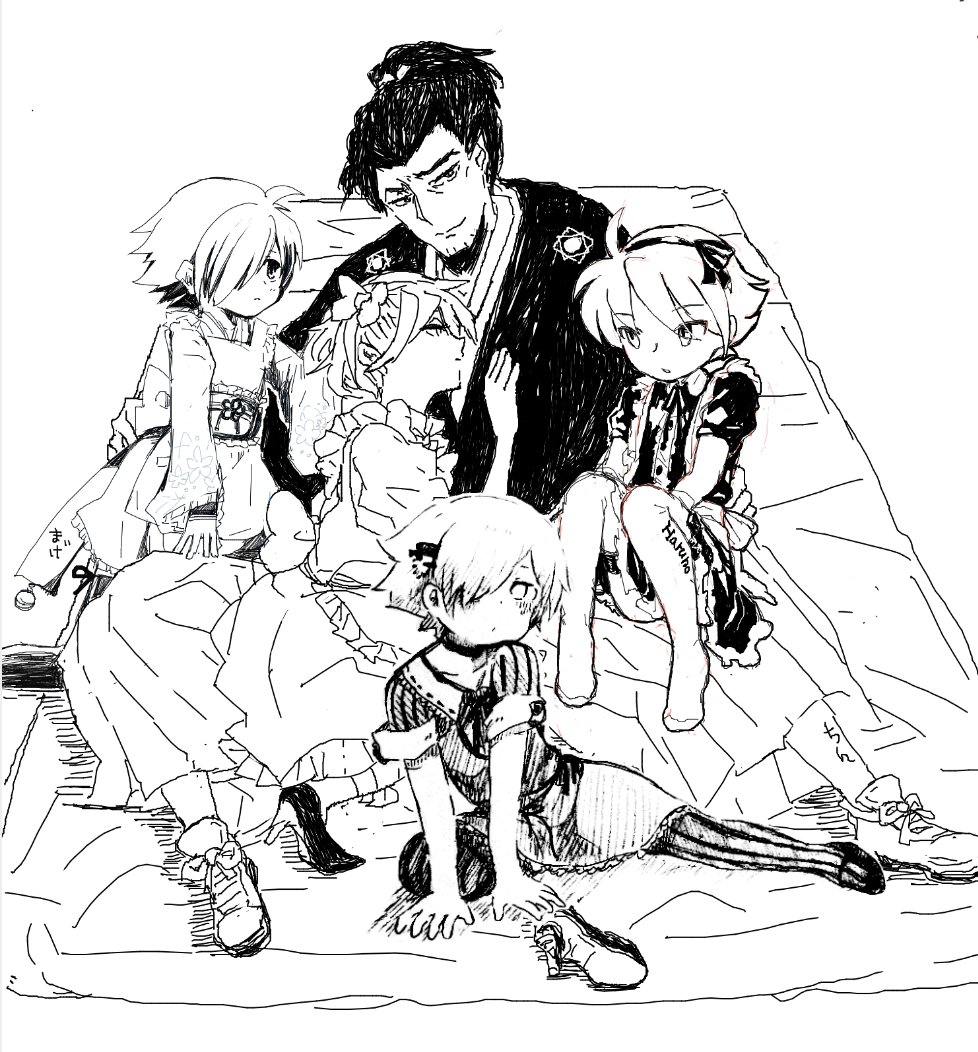 ちん.ハルノさん.まげさん.ゆきさんでLAL幕末トーク&amp;絵チャットやりましたメッチャ楽しかった〜!合作光栄でござる…可愛い服を着た各おぼろ丸をはべらす坂本様(お題提供:ハルノさん)※女装注意 