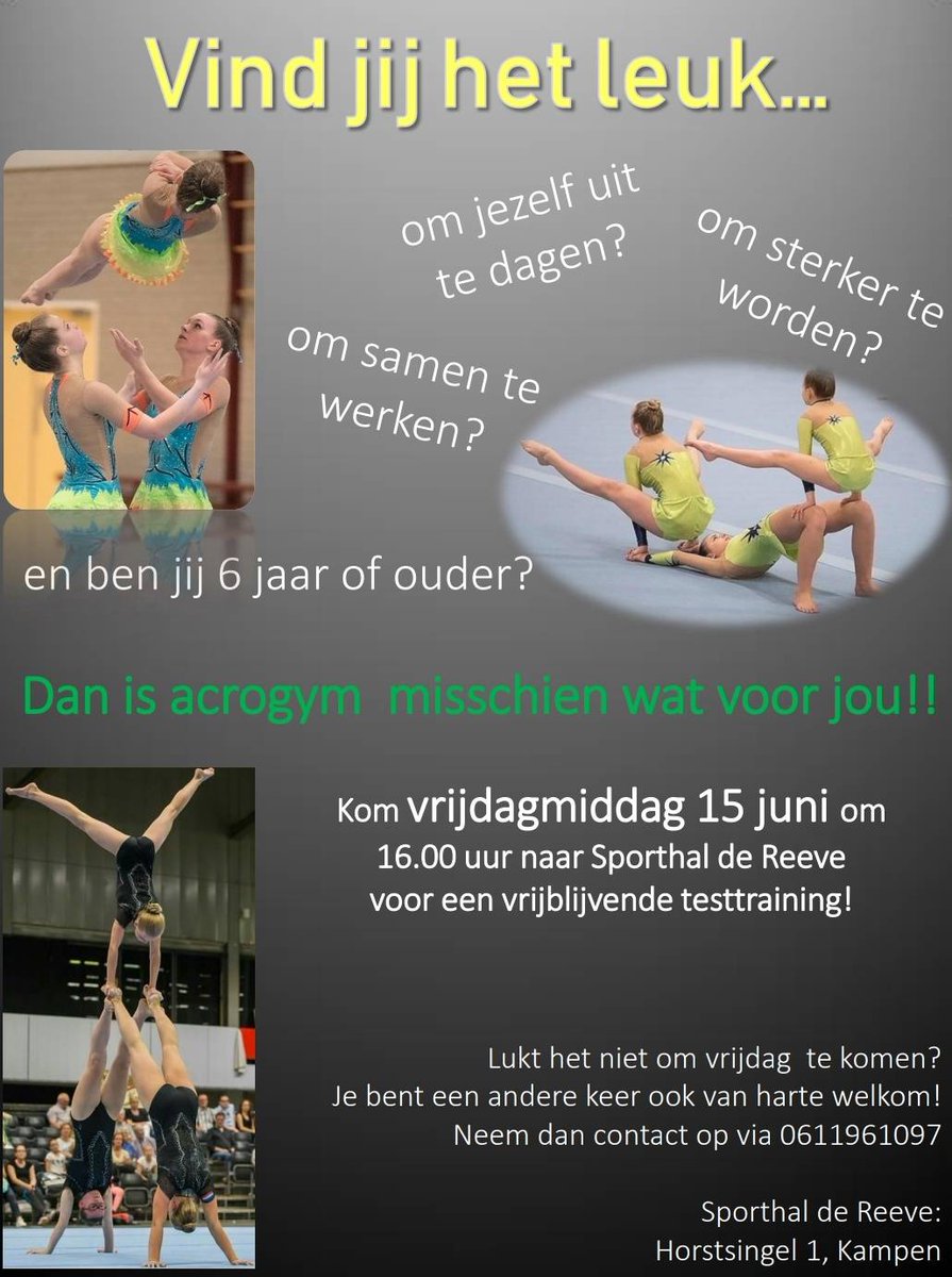Aanstaande vrijdag 15 juni van 16-18 uur wordt er een training georganiseerd bij de acroafdeling van Wilhelmina🤸🏽‍♀️ Iedereen is welkom!! Zorg dat je erbij bent en zet je beste beentje voor! 💥 Ken je iemand die ook enthousiast is? Neem hem/haar dan mee! Heel graag tot dan!