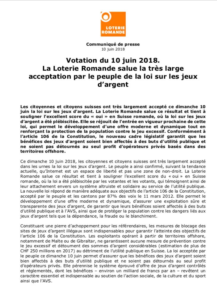 LoterieRomande's tweet photo. Communiqué de presse concernant la votation sur la loi sur les jeux d’argent #LJAR #CHvote https://t.co/bHlfduItnF