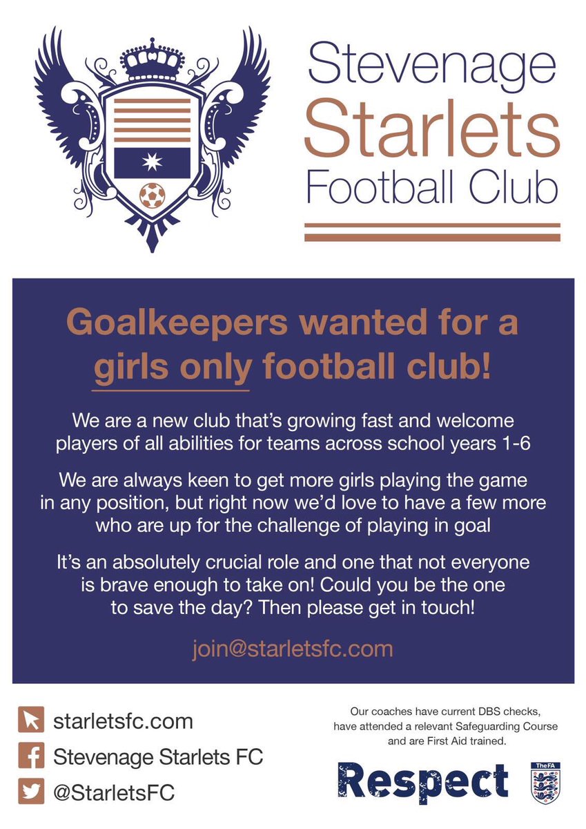 StarletsFC's tweet photo. 🌟🌟WE NEED YOUR HELP🌟🌟

As we continue to grow we need GKs for our next seasons U12’s additional teams.

We offer dedicated Goalkeeper training along side your team on a Thursday evening. 

So if you know anyone in current year 5 or 6 please get in touch contact@starletsfc.com https://t.co/4I6lSNOyCc