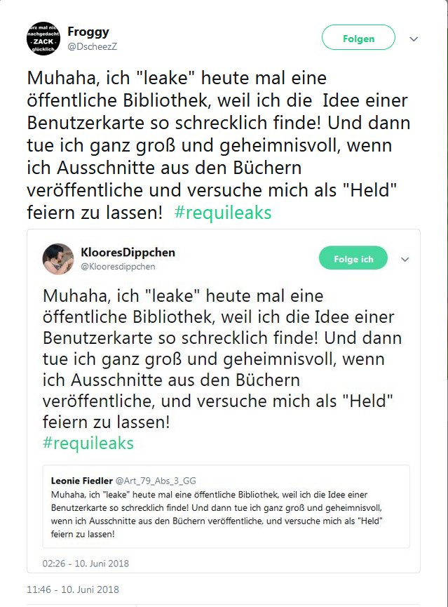 karatkievich's tweet photo. Muhaha, ich "leake" heute mal eine öffentliche Bibliothek, weil ich die Idee einer Benutzerkarte so schrecklich finde! Und dann tue ich ganz groß und geheimnisvoll, wenn ich Ausschnitte aus den Büchern veröffentliche und versuche mich als "Held" feiern zu lassen! #RequiLeaks https://t.co/oDKJEtgKiS