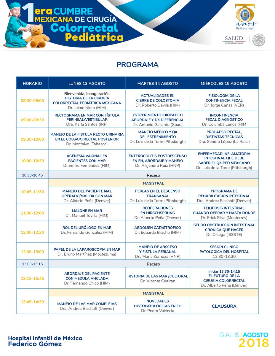 RECIPEDChile's tweet photo. Este año se realizará la I Cumbre Mexicana de Cirugía Colorrectal Pediátrica, con los Dres Andrea Bischoff, Alberto Peña ( @DrsPenaBischoff ) y Luis De La Torre, desde el 13 al 15 de agosto, en el @T_HIMFG . Info acá https://t.co/ssamxQqSlJ https://t.co/VsCX5DdxQ6