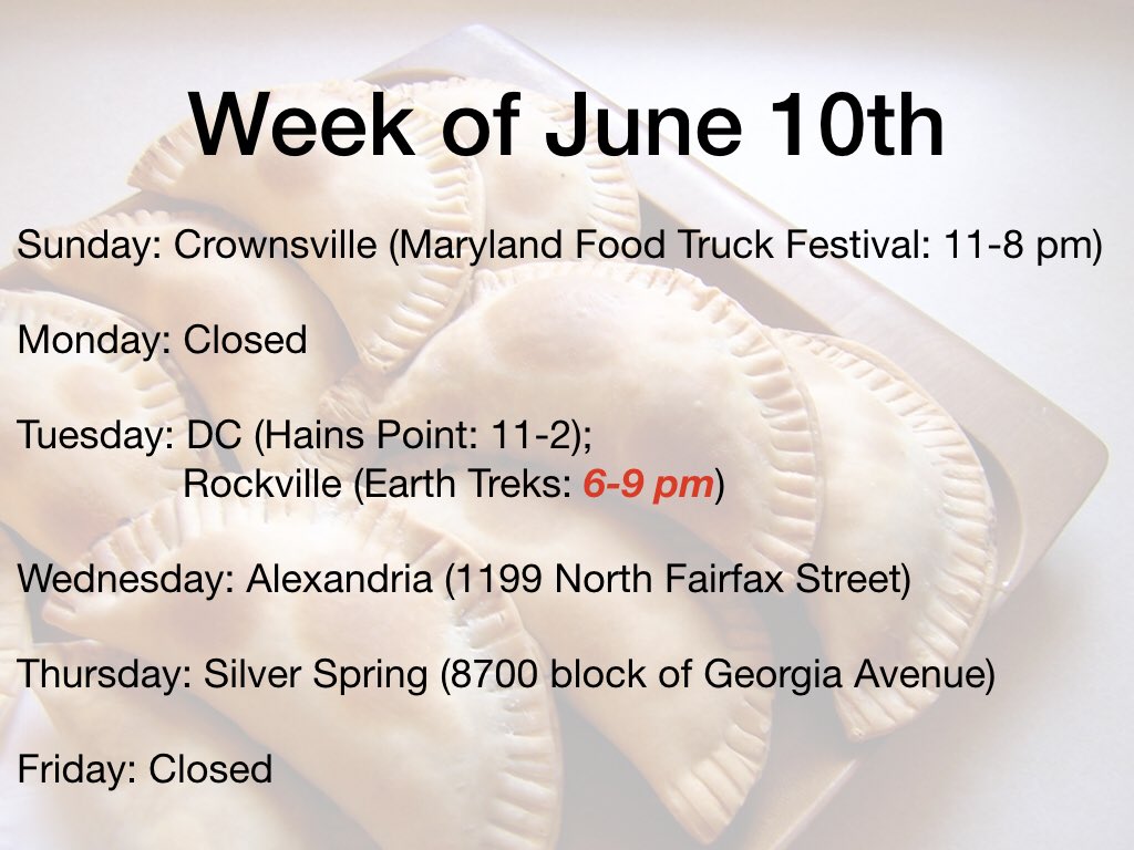 Happy Sunday! We’re at the Maryland Food Truck Festival today. Come and check us out. Here is our schedule for the rest of the week. #foodfamilyfun