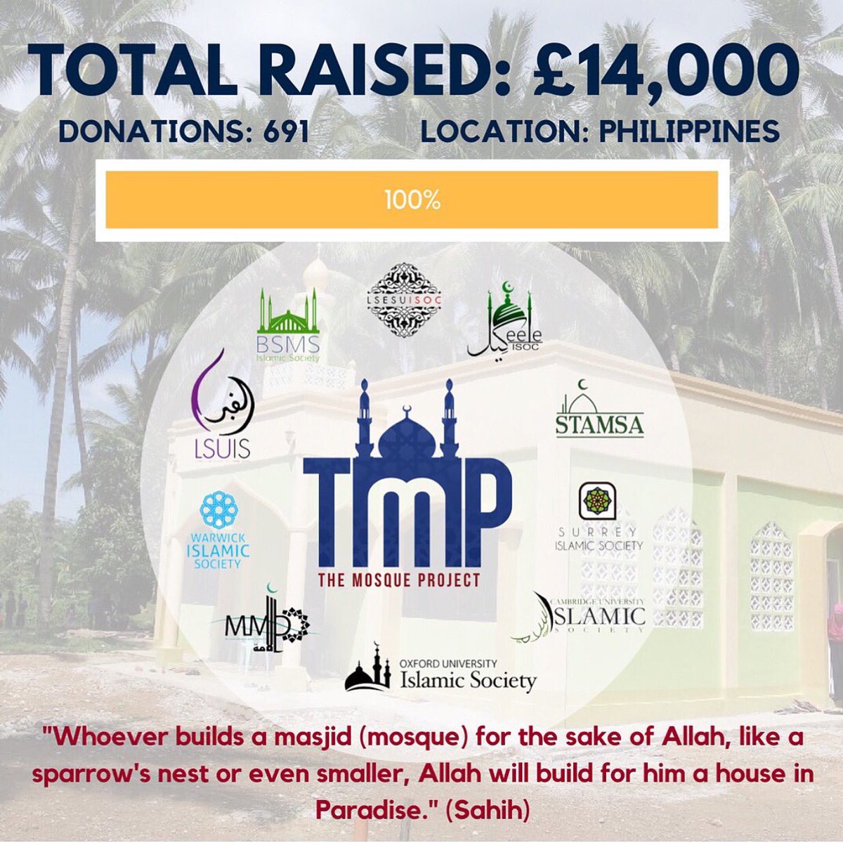 lsuisoc's tweet photo. ALHAMDULLILAH! ππΌπ΅π We are gald to announce that we have raised a grand total of Β£14,000 to build a mosque in the Philippines which will accommodate 200 people! ππ
Thank you to everyone who donated! May Allah reward all of you for your support!
@ProjectMosque #TMP18 https://t.co/38EwsZjlIg