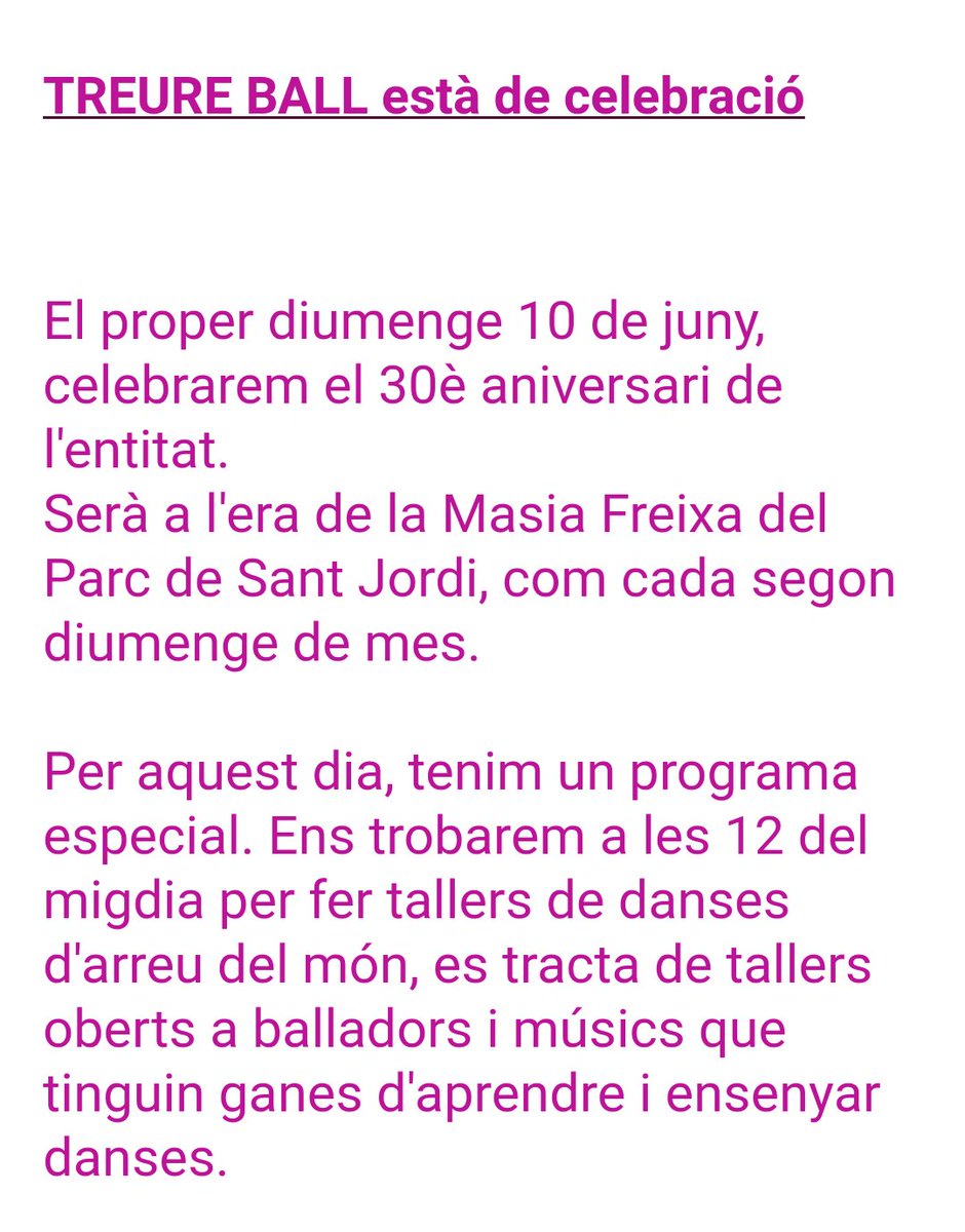 CultPopularTRS's tweet photo. Ei, encara sou a temps d'arribar-vos al marc incomparable del Parc de Sant Jordi de #Terrassa, a l'era de la fascinant i màgica #MasiaFreixa, per celebrar 30 anys de TREURE BALL, compartint una bona estona de danses d'arreu del món en millor companyia.
Per molts anys #TreureBall! https://t.co/pEcdgVD21c