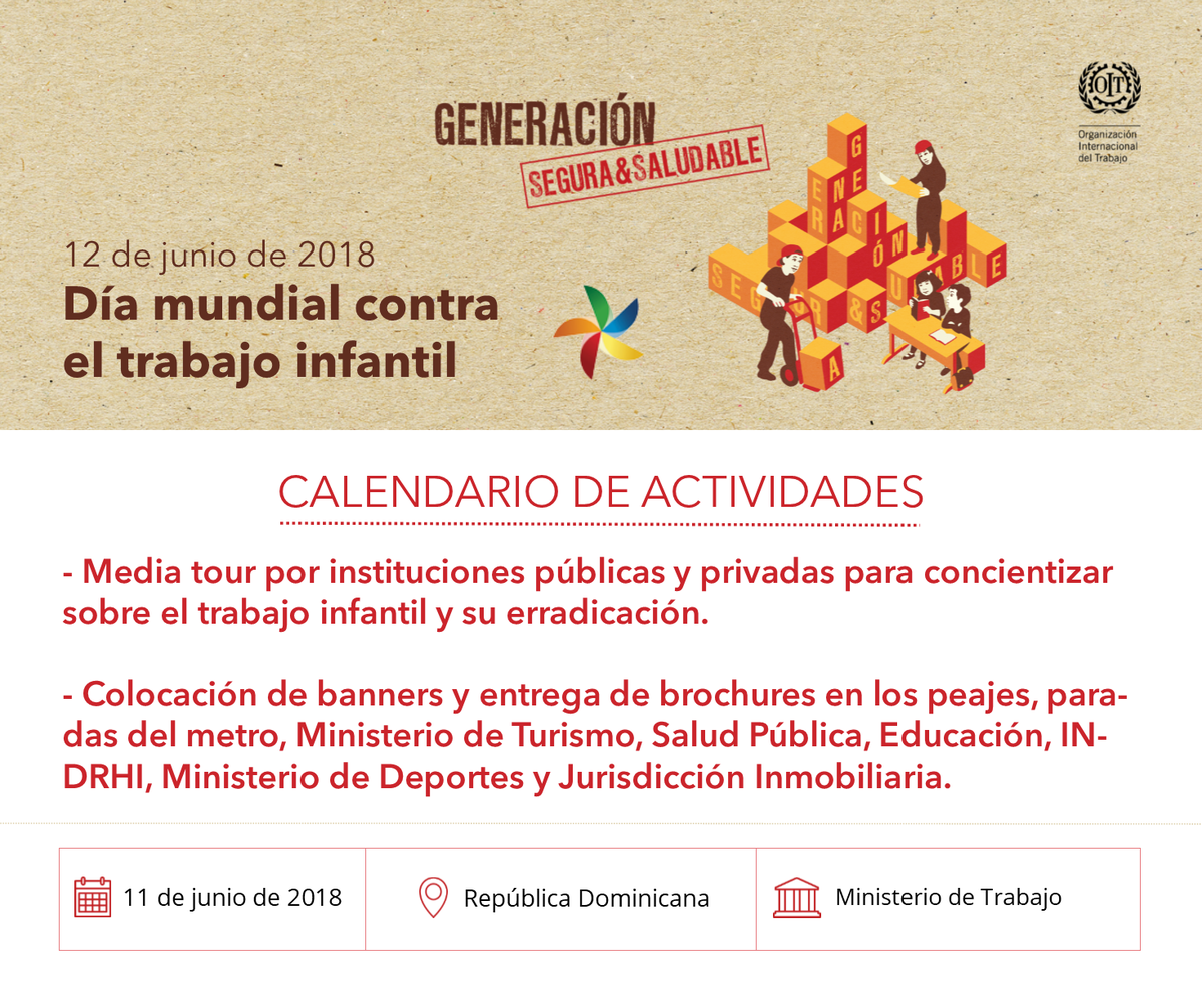 SinTrabinfantil's tweet photo. Actividades y eventos en el marco del Día Mundial contra el #TrabajoInfantil 2018 - #DMCTI 🇩🇴 República Dominicana: Media tour por instituciones públicas y privadas para concientizar sobre el trabajo infantil y su erradicación @MTrabajoRD https://t.co/noUORIU8Lk