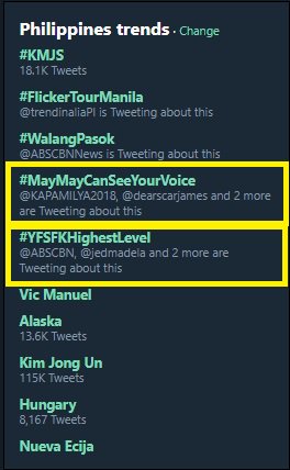 Kpn_nation2's tweet photo. KAPAMILYA TREND ALERT
Trending 4th spot ang #MayMayCanSeeYourVoice
at 5th spot trending naman ang #YFSFKHighestLevel https://t.co/7CNcV8teJR