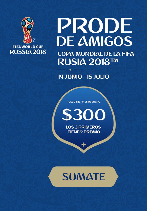 edugauna's tweet photo. Querés vivir el #MundialRusia2018 intensamente? Te invito a sumarte a este original y gran Prode de Amigos y participar por lo recaudado! https://t.co/N6jHpzsUyB @La12tuittera @HumoDePrimeraTW @VarskySports @FelicindaCluney @Coculo @MedioBobina @MatiBustosMilla https://t.co/FGMQsuneb4