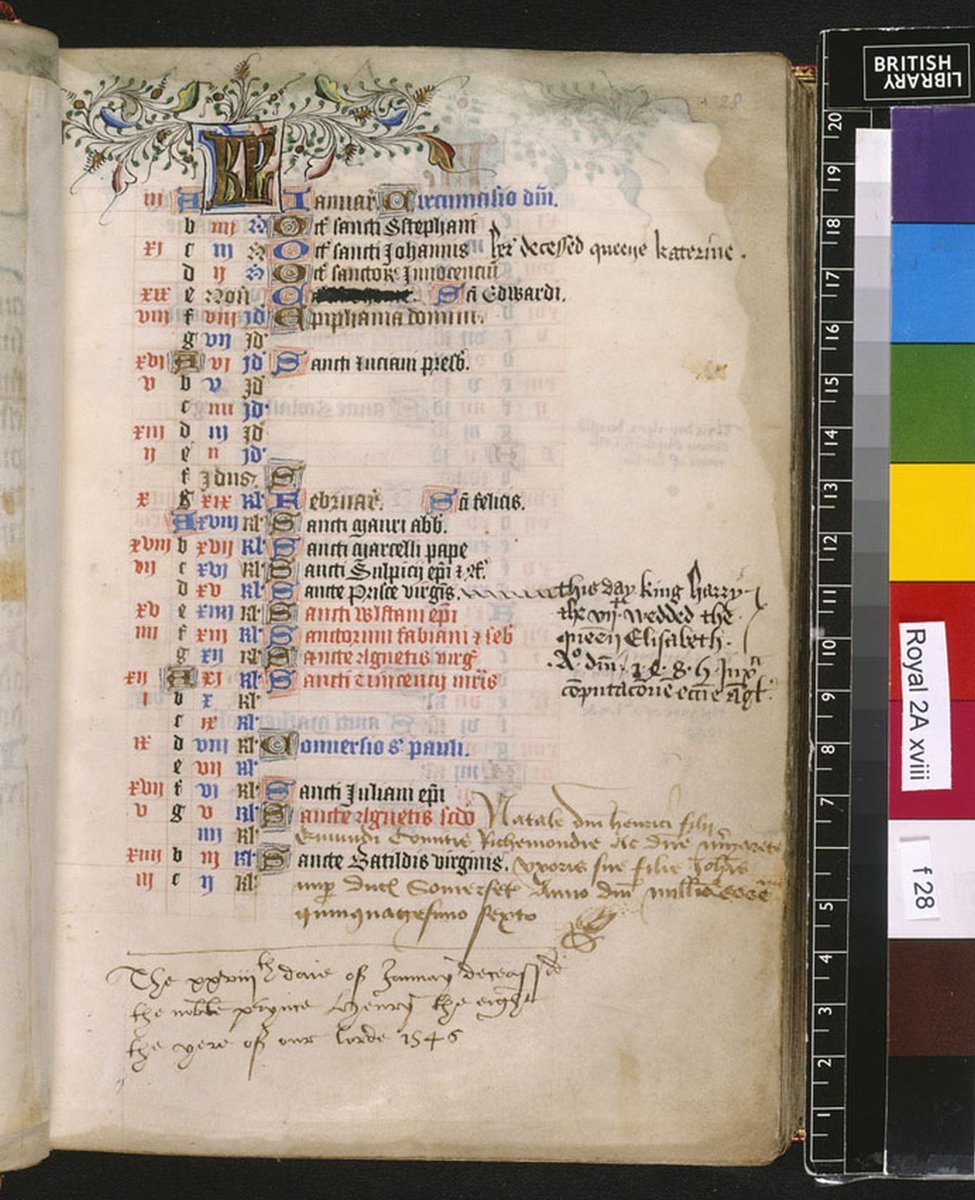 Nathen Amin A Page Taken From The Beaufort Book Of Hours For January Showing Several Additions By Hand Next To Relevant Date The Death For Queen Katherine De