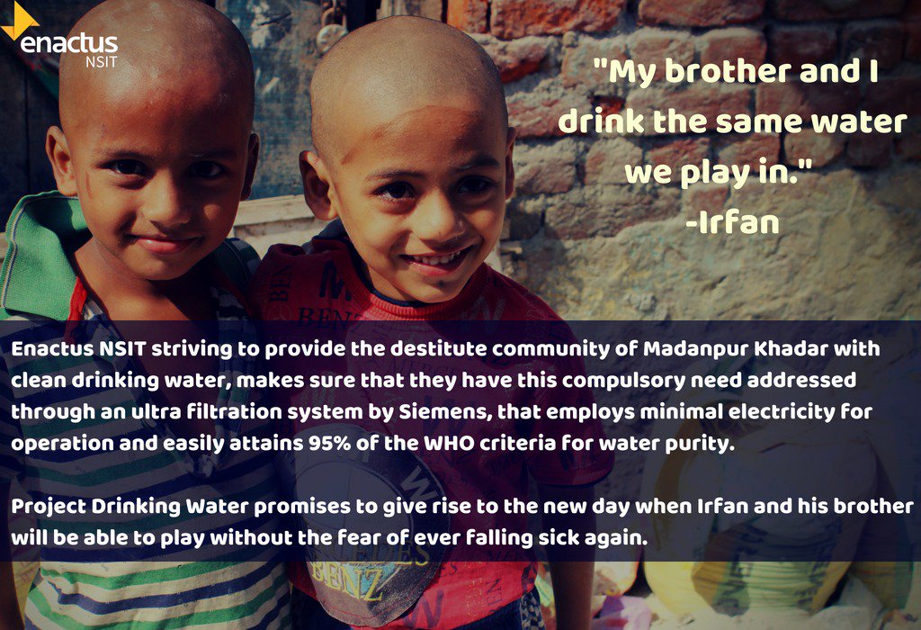 EnactusNSUT's tweet photo. Through #ProjectDrinkingWater, we make sure that Irfan & his community has the compulsory need for clean drinking water addressed through an ultra filtration system by Siemens, that easily attains 95% of WHO criteria for water purity.
#weallwin
@EnactusIndia @BanderaTinashe https://t.co/LswIOvFgN5