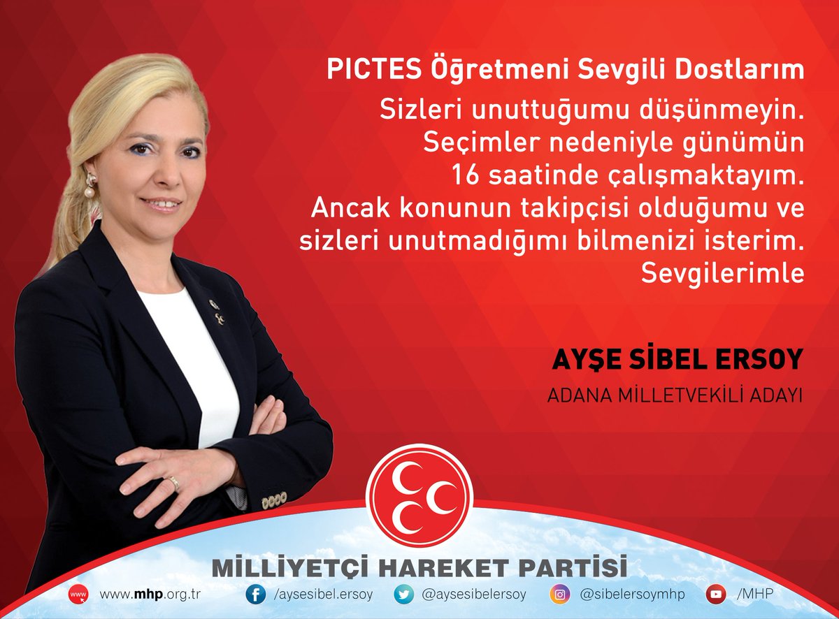 PICTES Öğretmeni Sevgili Dostlarım;
Sizleri unuttuğumu düşünmeyin. Seçimler nedeniyle günümün 16 saatinde çalışmaktayım. Ancak konunun takipçisi olduğumu ve sizleri unutmadığımı bilmenizi isterim.
Sevgilerimle
#CumhurİttifakıMilletAklı

@AdanaPictes @pictesogretmen