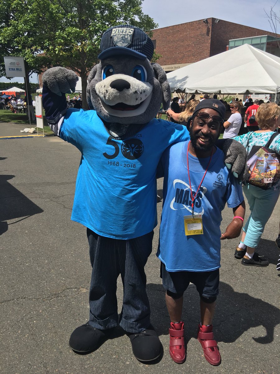SpOlympicsMA's tweet photo. The @railershc mascot has his shirt game on point with that Volunteer Game Changer t-shirt. Thanks for coming out to #SOMASummerGames #ChooseToInclude https://t.co/DIGH92RAu8