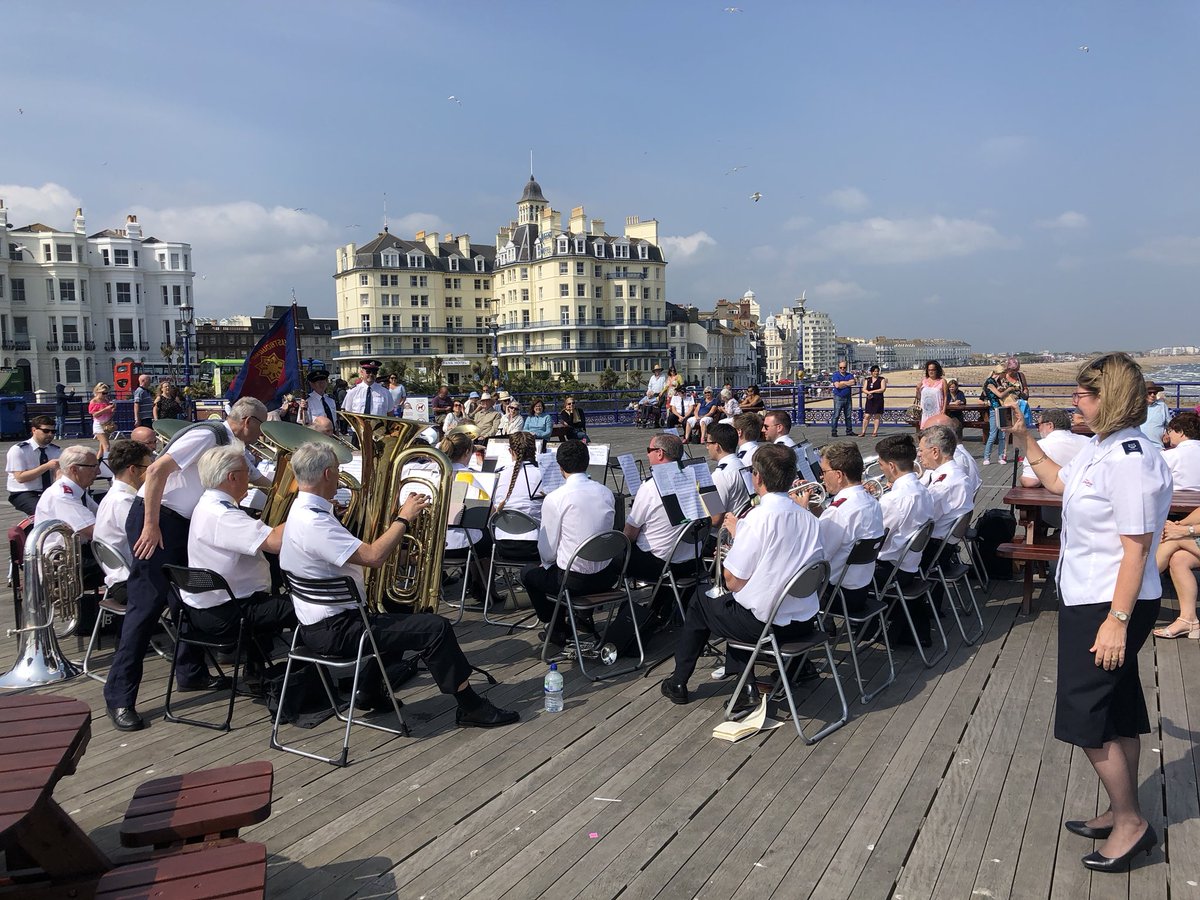 BromleySA's tweet photo. Bromley SA band in concert on #Eastbourne pier! It was hot and windy!! Appreciative audience and fun to do! In these pics the band are playing ‘Under the Boardwalk’, although it was played on, rather than under it! 🙂 https://t.co/C9dhOTQlBz