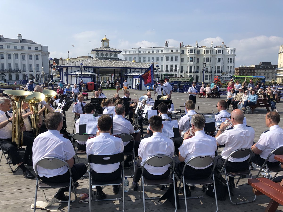 BromleySA's tweet photo. Bromley SA band in concert on #Eastbourne pier! It was hot and windy!! Appreciative audience and fun to do! In these pics the band are playing ‘Under the Boardwalk’, although it was played on, rather than under it! 🙂 https://t.co/C9dhOTQlBz