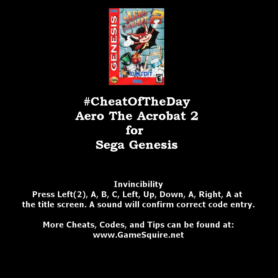 GameSquire's tweet image. #CheatOfTheDay #AeroTheAcrobat2 #Invincibility #SegaGenesis instagram.com/p/Bj2V8EZFEe8/ #Sunsoft #IguanaEntertainment #Sega #Genesis #Gaming #Gamers #Gamer #Retro #RetroGaming #RetroGamer #RetroGamers #Classic #ClassicGaming #ClassicGamer #ClassicGamers #GamersUnite #RetroCollective