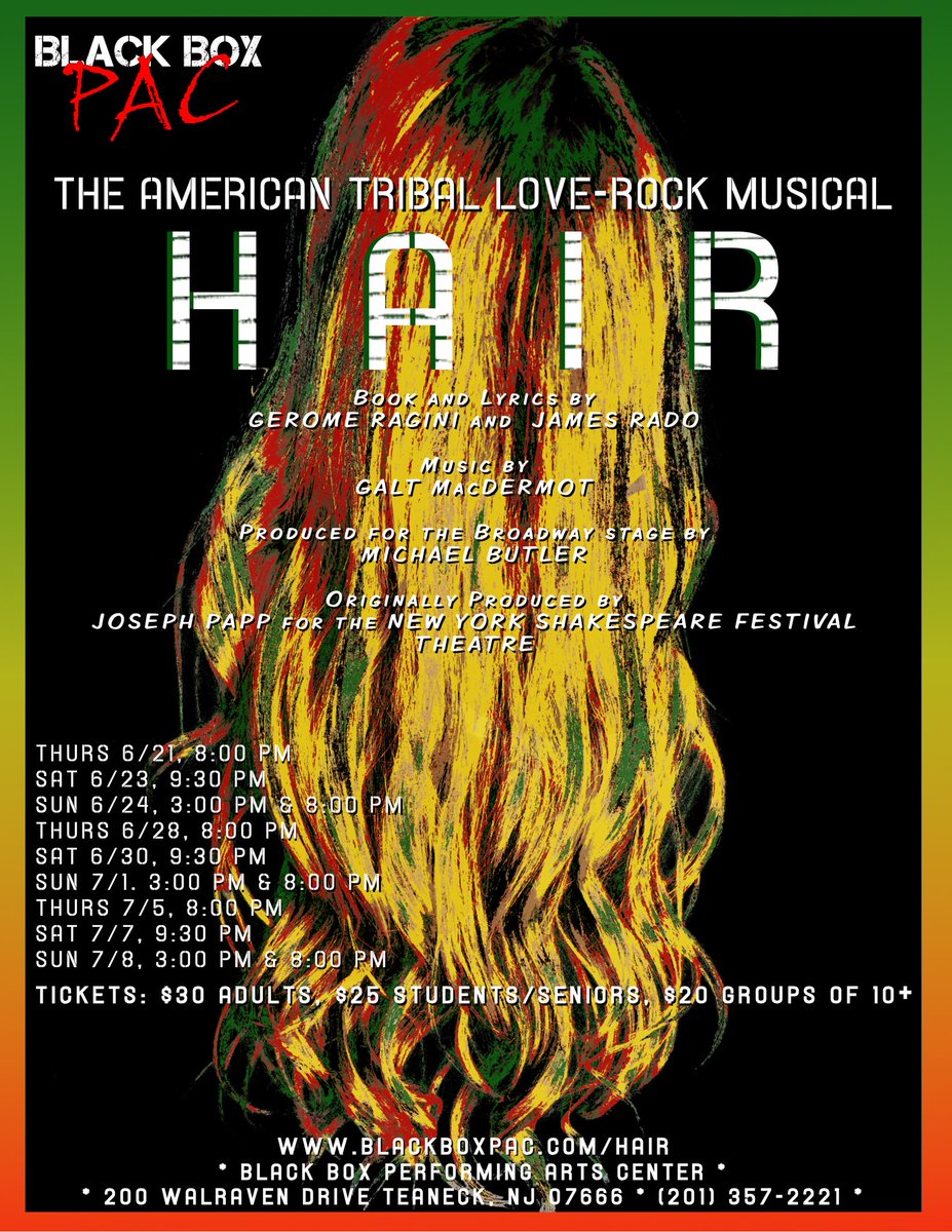 BlackBoxPAC's tweet photo. Only 11 more days until #HAIR opens!!! #jerseymadetheatre #bbpac #hair50 #hairthemusical #letthesunshinein #jointhetribe ✌🏾❤️💛💚 https://t.co/5Rsv0ZdA9A