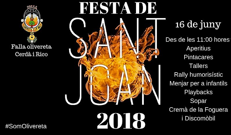 Festa de Sant Joan, des de les 11 h aperitius, pintacares, taller i ralÂ·li humorÃ­stic infantil, menjar per a xiquets i playbacks infantils. Sopar, cremÃ  de la foguera feta pels nostres xiquets i discomÃ²bil