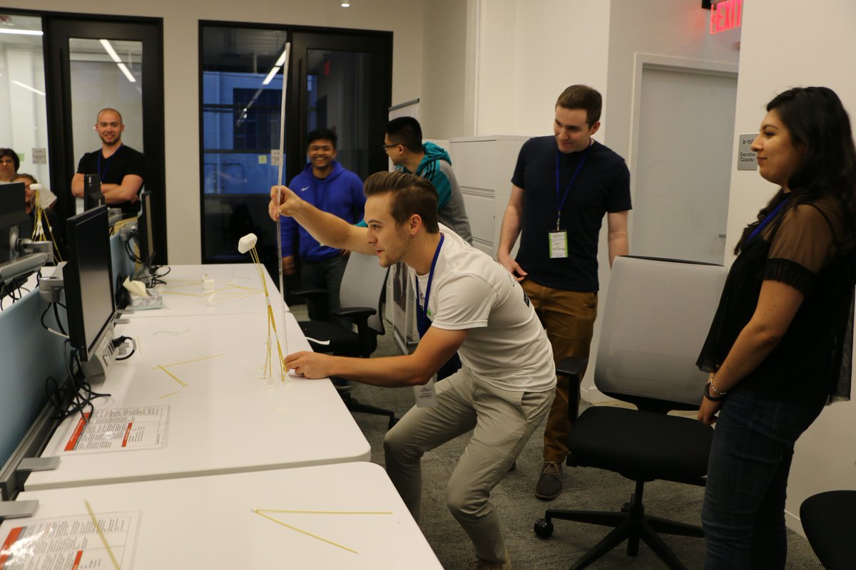 SchleiTheresa's tweet photo. Exciting marshmallow challenge last night at #GreenFuturesHackathon at the @CapgeminiNA #ASE! Hackers submit their solutions in less than an hour - good luck! #LifeAtCapgemini @adp_env https://t.co/wPkpZOqd8x
