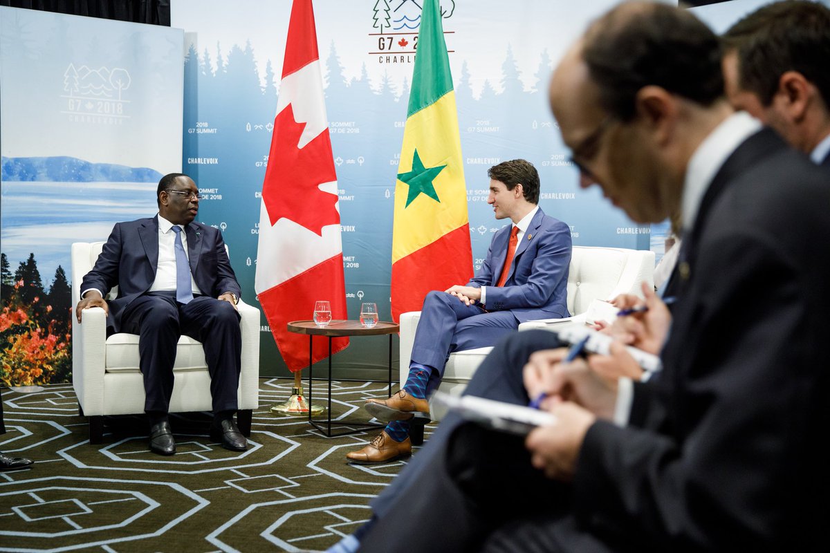 JustinTrudeau's tweet photo. Ce fut formidable de revoir mon ami le président @Macky_Sall aujourd’hui. Merci pour votre présence au @G7fr, votre leadership à l’égard de la protection des océans et la bonne discussion sur l’immigration et la Francophonie. https://t.co/ig7nlwEppg