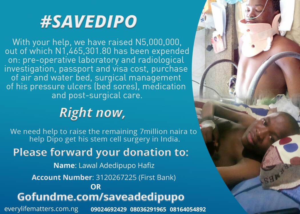 IamLexpel's tweet photo. We got 5 million now it's 7 million to go. If we can't save all we can save one #SaveAdedipupo #SaveDipo @MBuhari @AkinwunmiAmbode @2019Donaldduke @realFemiOtedola https://t.co/WANiphE8u7