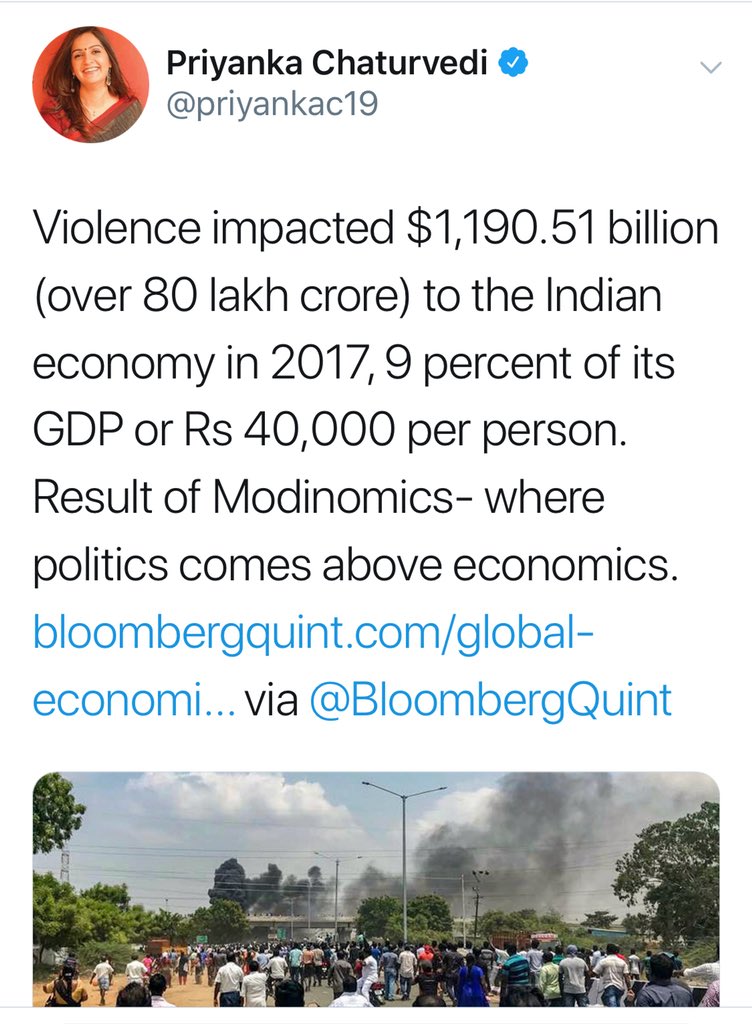 Ra_Bies's tweet photo. India’s 2017 GDP was around $2450 Billion and violence impacted $1190 Billion. And Priyu, that’s 9 percent of the GDP, right? 
Now tell me the name of school you studied at, because I don’t want to send my 2 y o nephew there https://t.co/a6SJVhh0y0