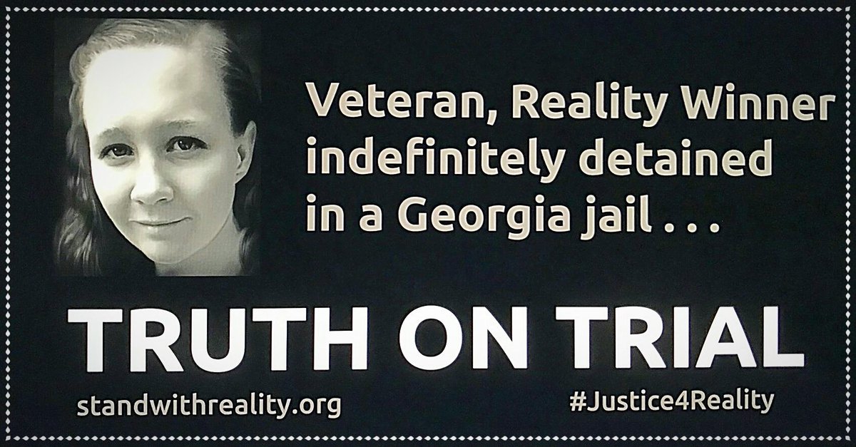 standbyreality's tweet image. The only person in trouble, jailed is young Veteran Reality Leigh Winner. She's languishing in a small Georgia jail 4 more than a year. The court doesn't want you to know that she was denied bond. The court doesn't want you to hear anything about this young veteran. #ItsForReal