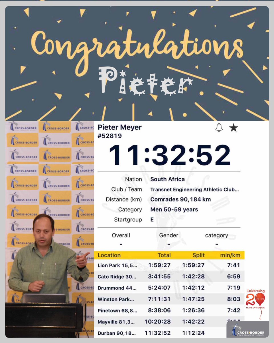 CBRTA_ZA's tweet photo. Congratulations to Pieter Meyer for finishing and participating in the #Comrade2018 @CBRTA_ZA @DoTransport @rtia_aarto @RAF_SA @SANRAL_za https://t.co/N5mnN2OnRm