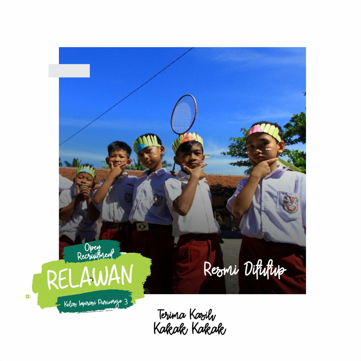 [RESMI DITUTUP]

Tet tet tew...
Pendaftaran RELAWAN KIP #3 resmi DITUTUP !!!
Terima kasih untuk para pendaftar, dan jangan lupa tunggu informasi selanjutnya.

Kelas Inspirasi Purworejo
Sehari cuti selamanya menginspirasi !!!