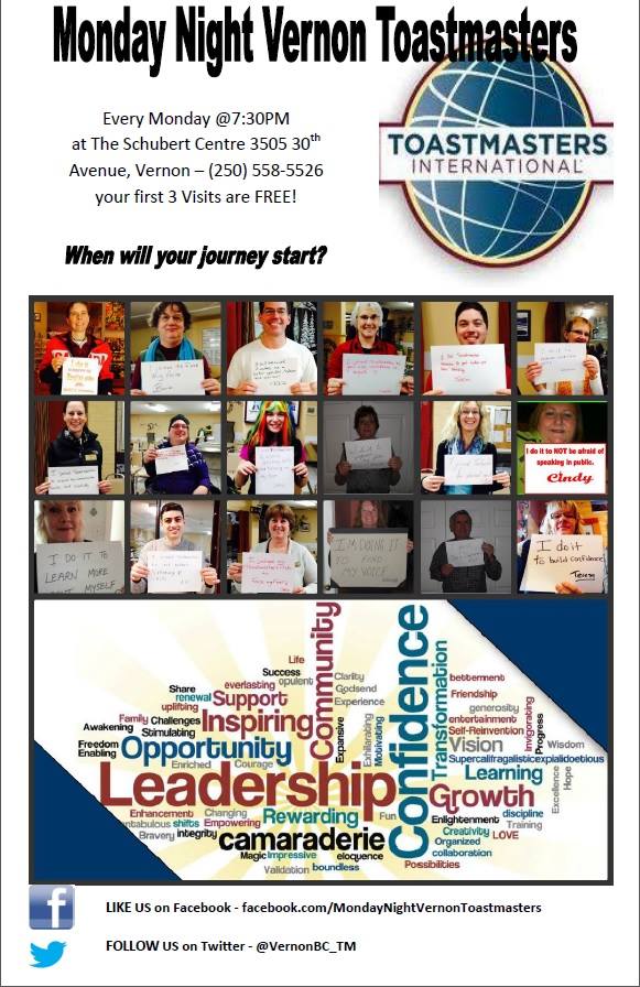 VernonBC_TM's tweet photo. Every wondered about #Toastmasters ?? Pls join us 2morrow night from 7:30 to 9pm #SchubertCentre #VernonBC https://t.co/VvSMegcR66