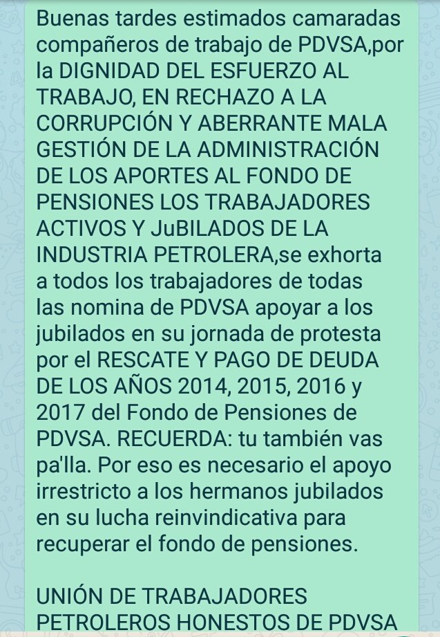 laratatony's tweet photo. SIN MIEDO!!! POR LA DIGNIDAD DEL ESFUERZO AL TRABAJO, EN RECHAZO A LA CORRUPCIÓN Y ABERRANTE MALA GESTIÓN DE LA ADMINISTRACIÓN DE LOS APORTES AL FONDO DE PENSIONES LOS TRABAJADORES ACTIVOS Y JUBILADOS DE LA INDUSTRIA PETROLERA VAMOS TODOS A APOYAR A LOS JUBILADOS DE @PDVSA https://t.co/Lw2zCmzIJu