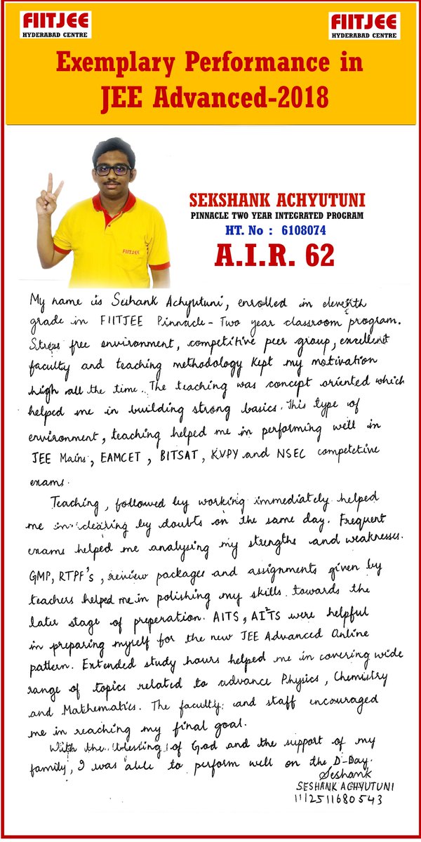 fiitjeehyd's tweet photo. FIITJEE Hyderabad congratulates to our students for their exemplary performance in JEE Advanced 2018. Our Best Rank is AIR 62 and we have got 17 Ranks in top 1000.
https://t.co/GvUTB2MH8f
#FIITJEEHyd #JEEAdvancedResult #JEEAdvanced2018 https://t.co/SII2H62DGB