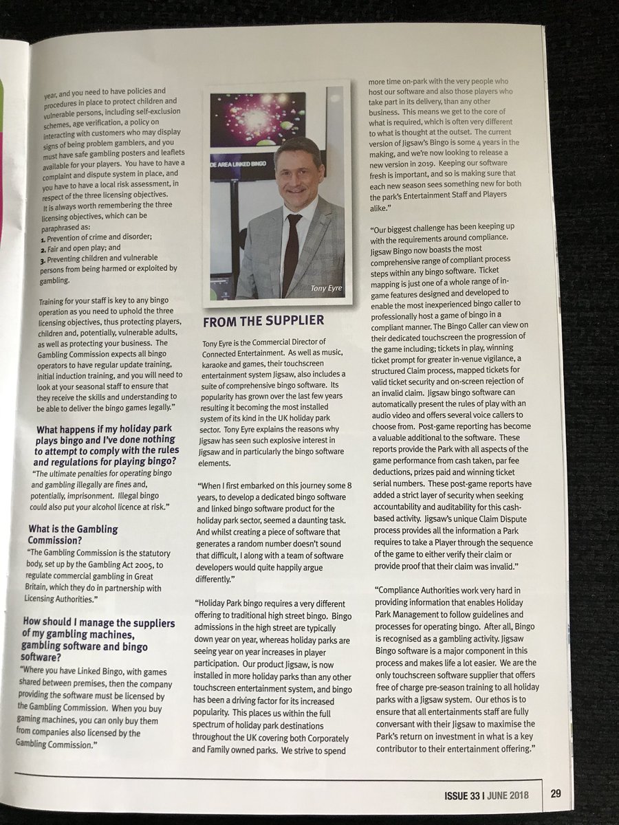 JigsawTouch's tweet image. An excellent article in Holiday Parks Management magazine this month. Focusing on Bingo, its benefits and the do’s and don’t’s. For any holiday park that offers Bingo this is a must read. @ParksManagement @BHHPA #bingo
