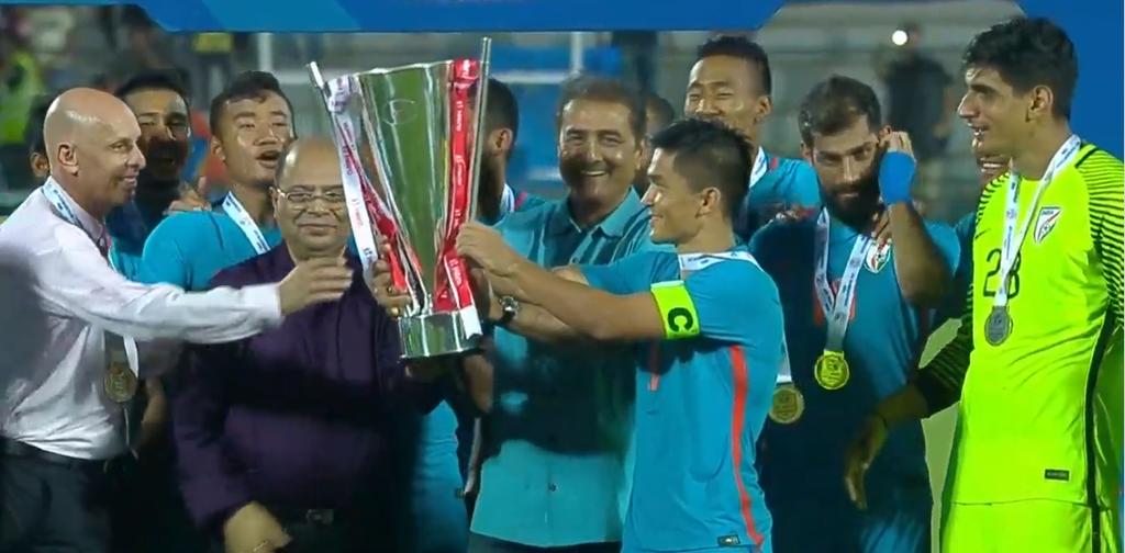 imDDas10's tweet photo. We are champions. #WeAreIndia #BackTheBlue #AsianDream. Congratulation @chetrisunil11 what an opening goal sir! absolutely world class. Congratulations to @IndianFootball. https://t.co/sZrkB6alWR