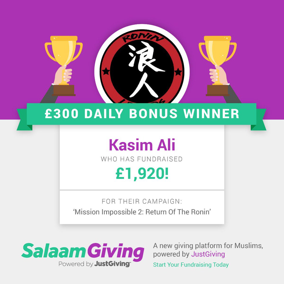SalaamGiving's tweet photo. Let’s put our hands together for Kasim Ali! 

He has won today’s ‘Salaam Giving 20k Challenge’ daily prize! 

Your fundraising efforts guaranteed a £300 boost for your campaign – 'Mission Impossible 2: Return Of The Ronin’

Join #SalaamGiving today for your chance to win. https://t.co/JhRnyUffXF