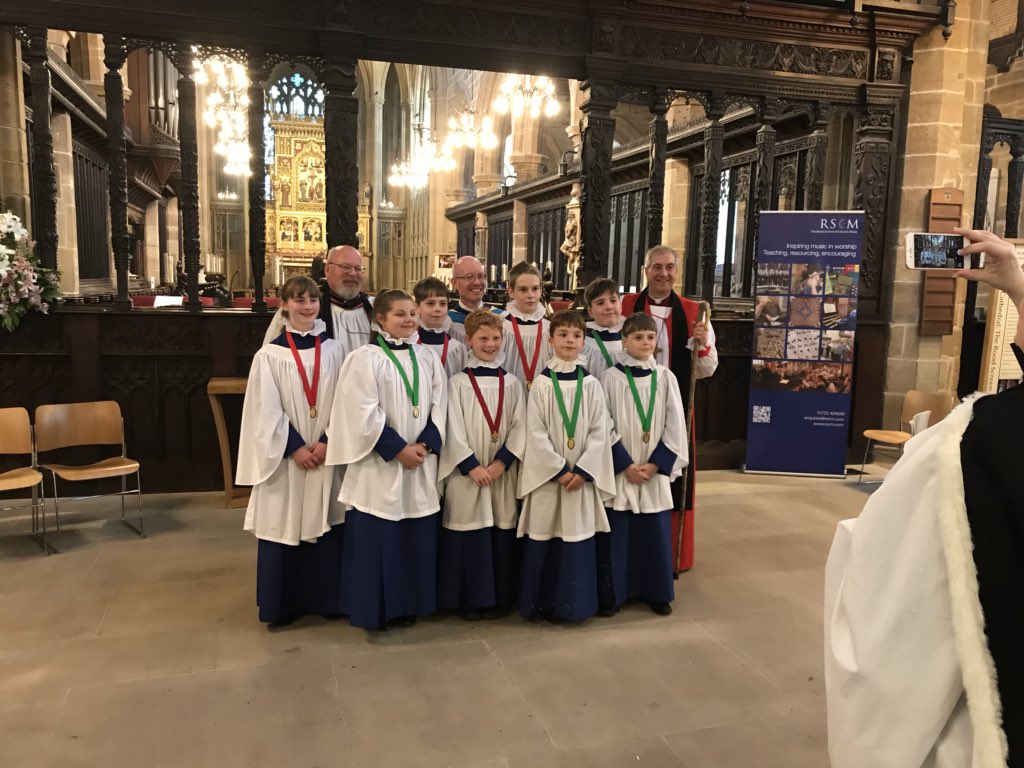Cathedral Choristers, Acting Dean, Director of Music and the Bishop of Kirkstall <a href="/LeedsCofE/">Diocese of Leeds</a> following the RSCM Festival Evensong and presentation of Awards.  #welldone #thanksbetogod