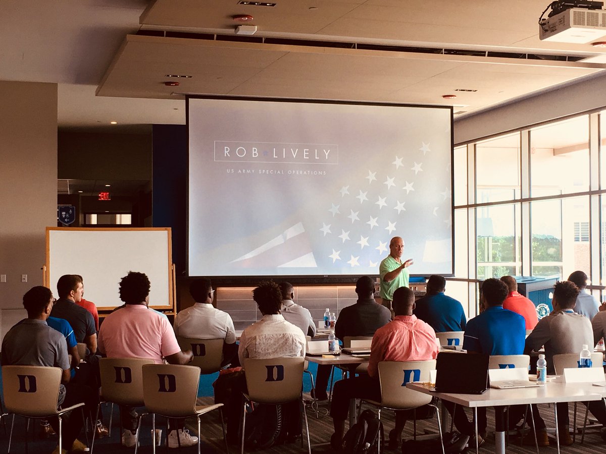 DukeFOOTBALL's tweet photo. Rob Lively met with #DukeFBFuture participants this morning as the final speaker of the weekend. He spoke about leading outside your moment- honing leadership skills today in order to be prepared for a leadership moment whenever one arises. https://t.co/kLR7UtzZul