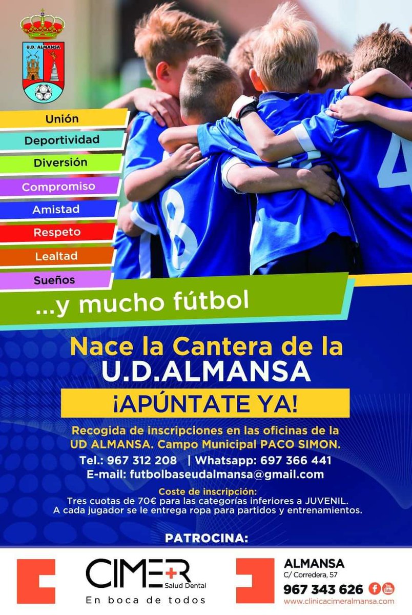 Apúntate a la cantera de tu equipo, pertenece a la AZULONA y se uno de los partícipes de la creación de la cantera de la UNION DEPORTIVA ALMANSA. Tambien podrás pasarte por la tienda de JOMA en calle San Francisco, para hacer la inscripción y que tomen tallas de las equipaciones.