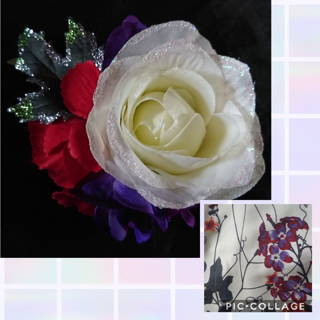 Custom hairpiece made to match a gorgeous dress. Iridescent glitter rose with red and purple hydrangeas. #hairflowers #rockabilly #weddingguest #fascinator #pinup #supportsmallbusiness