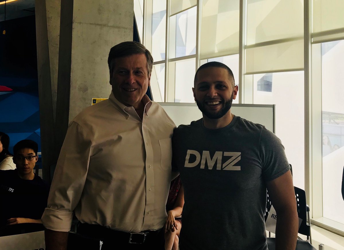 tanager8's tweet photo. #HackTPS is nearing the moment where the winner is announced! Thanks @JohnTory for attending as our closing speaker. Here he is now with @asnobar https://t.co/lXjLAlHUJC
