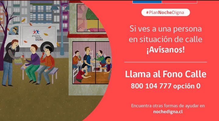 MinagriRM's tweet photo. ⚠️ Si ves a una persona en situación de calle, llama al ☎️ 800104777 del #FonoCalle se viene el frío en la #RMdeTodos y nuestro deber es ayudar a los más necesitados! Más info en https://t.co/SWfjnacEfA cc @jpguilisasti
#ProgramaInvierno2018 https://t.co/4DyQc3T4Lh