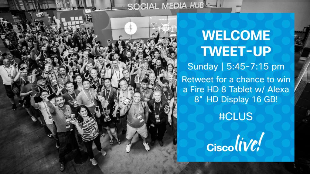 CiscoLive's tweet photo. I'm attending the #CLUS Sunday Welcome Tweetup and retweeting for my chance to win a Fire HD 8 Tablet w/ Alexa! 

One lucky winner will be selected at random once this tweet hits 100 RTs. See you in Hall C Atrium, Level 3 at 5:45pm! https://t.co/BmQZGQlN4B