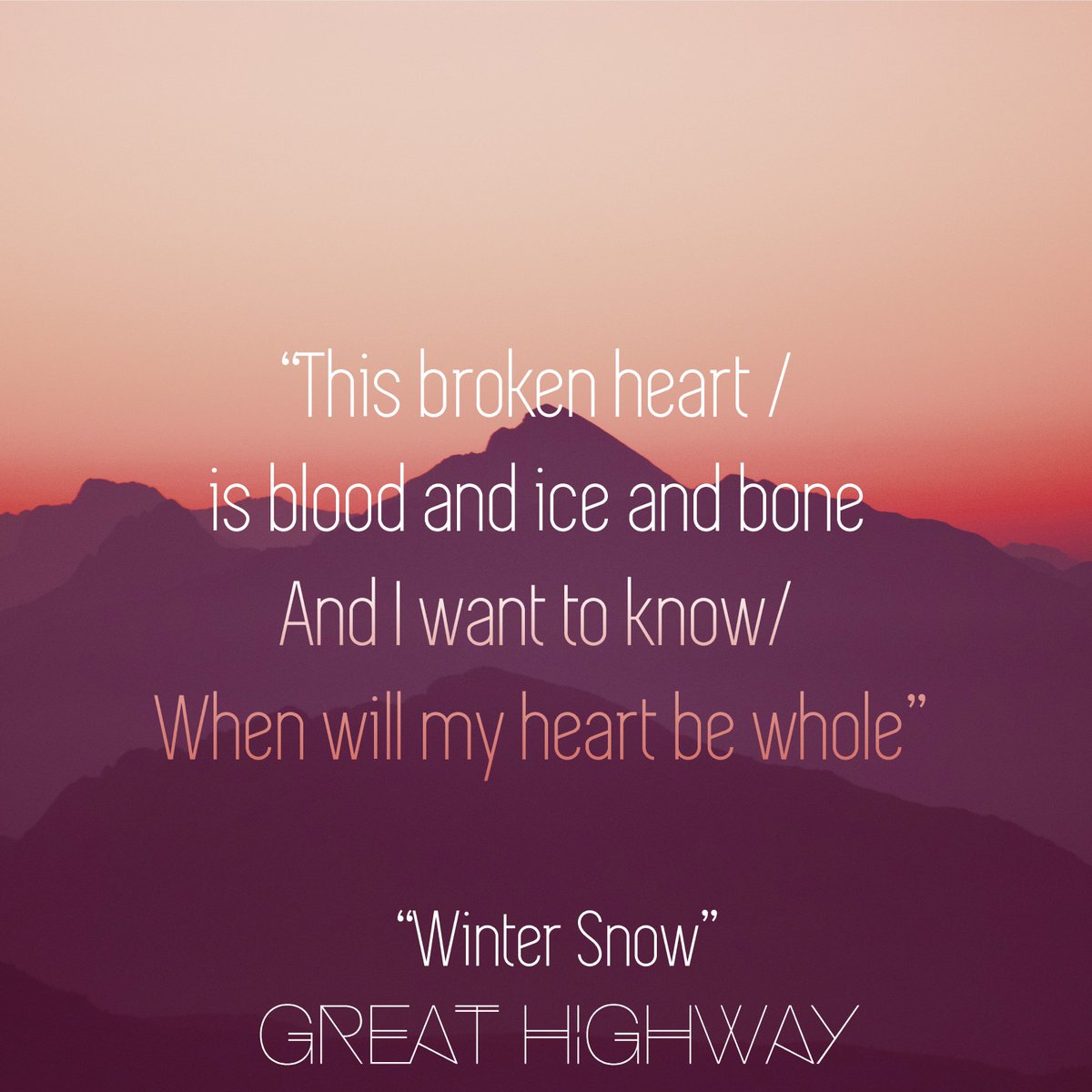Song #2 on our album is Winter Snow. "I wrote this after my first big breakup," says Sarah. "At the time, I felt like I would never be whole again."

Give it a listen here: soundcloud.com/takegreathighw…