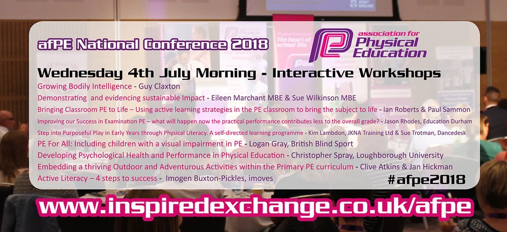 View the interactive workshops on offer at 11am on 4th July at #afpe2018 including:

✅ Growing bodily intelligence
✅ Evidencing impact
✅ Active learning strategies
✅ Examination success
✅ Purposeful play in EY
✅ OAA in Primary
✅ Active literacy

inspiredexchange.co.uk/afpe/wednesday…