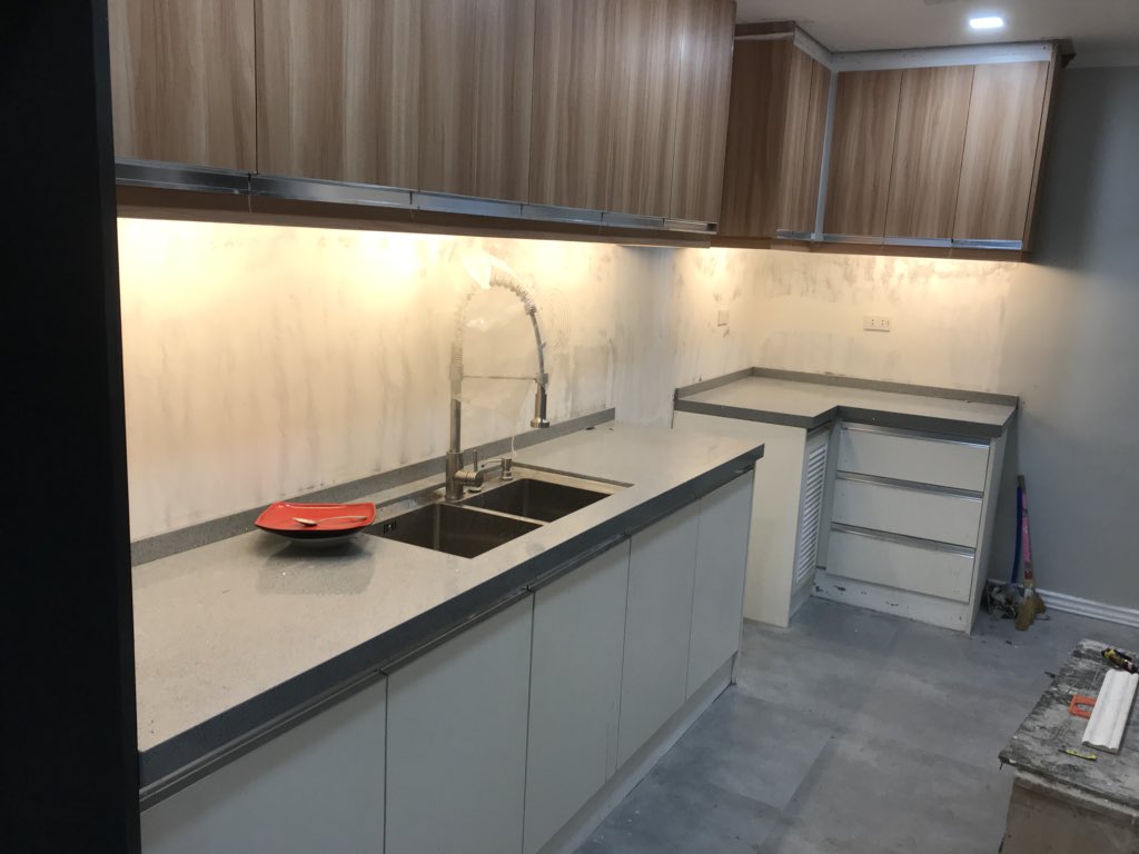 The Working Area of my Galley Kitchen. Backsplash Tiles and Accent Tiles for the Oven/Exhaust not yet installed. Will post the updated look once everything are installed. Excited for the overall finished look! #GalleyKitchen #ModernKitchen